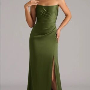 Azazie Sheath Stretch Satin Maxi Dress Strapless Olive (A10)